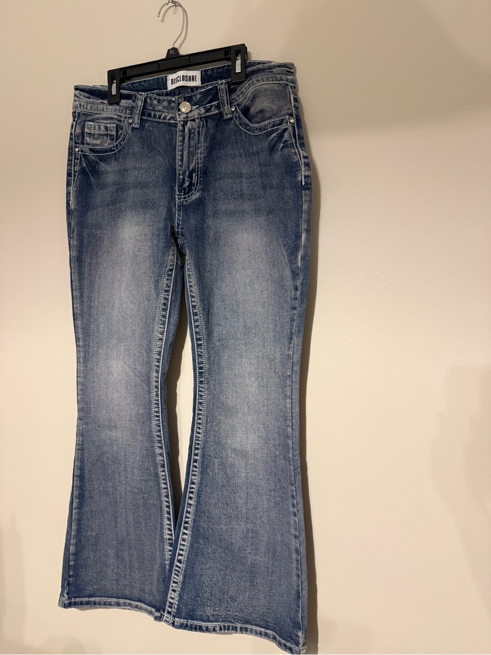 Y2K Blue Denim Disclosure embellished bootcut jeans in size 7/28
